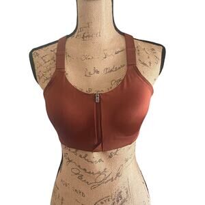All In Motion Brown Racerback Sports Bra 38B Padded Front Zip Mesh Back